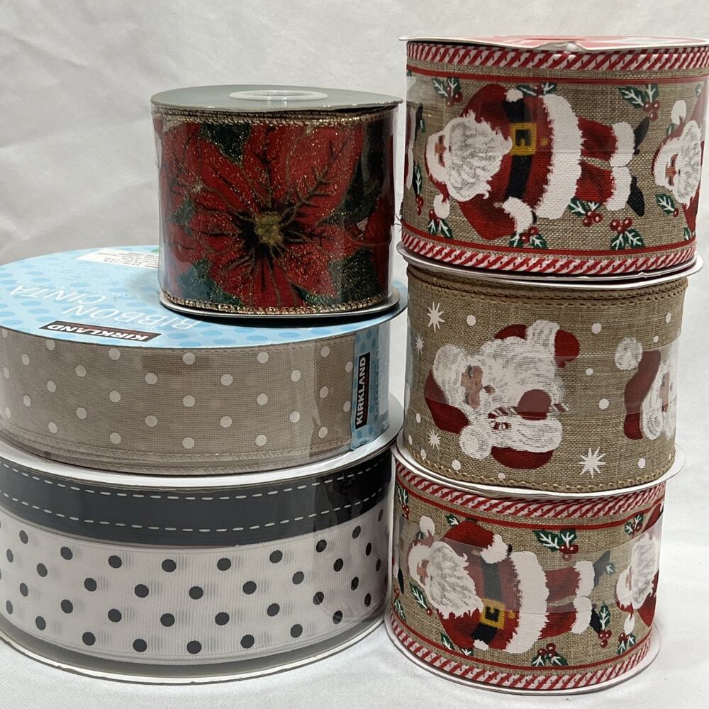 Lot of 6 Kirkland & Michaels Wired Ribbon Christmas Polka Dot Santa Poinsettias